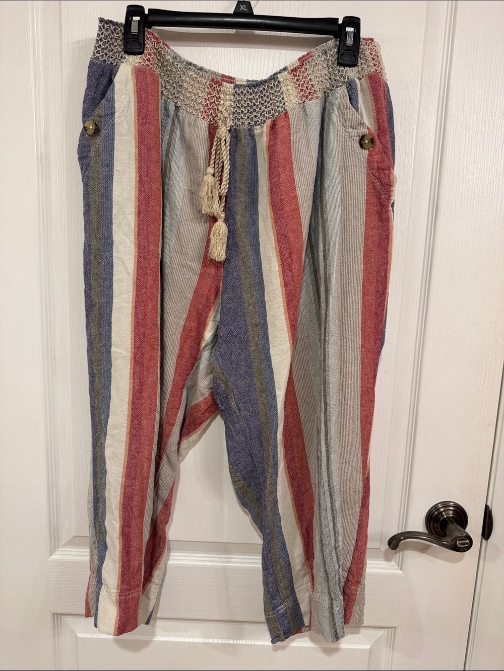 Women's Striped Drawstring Capris - Red, Blue, Cream